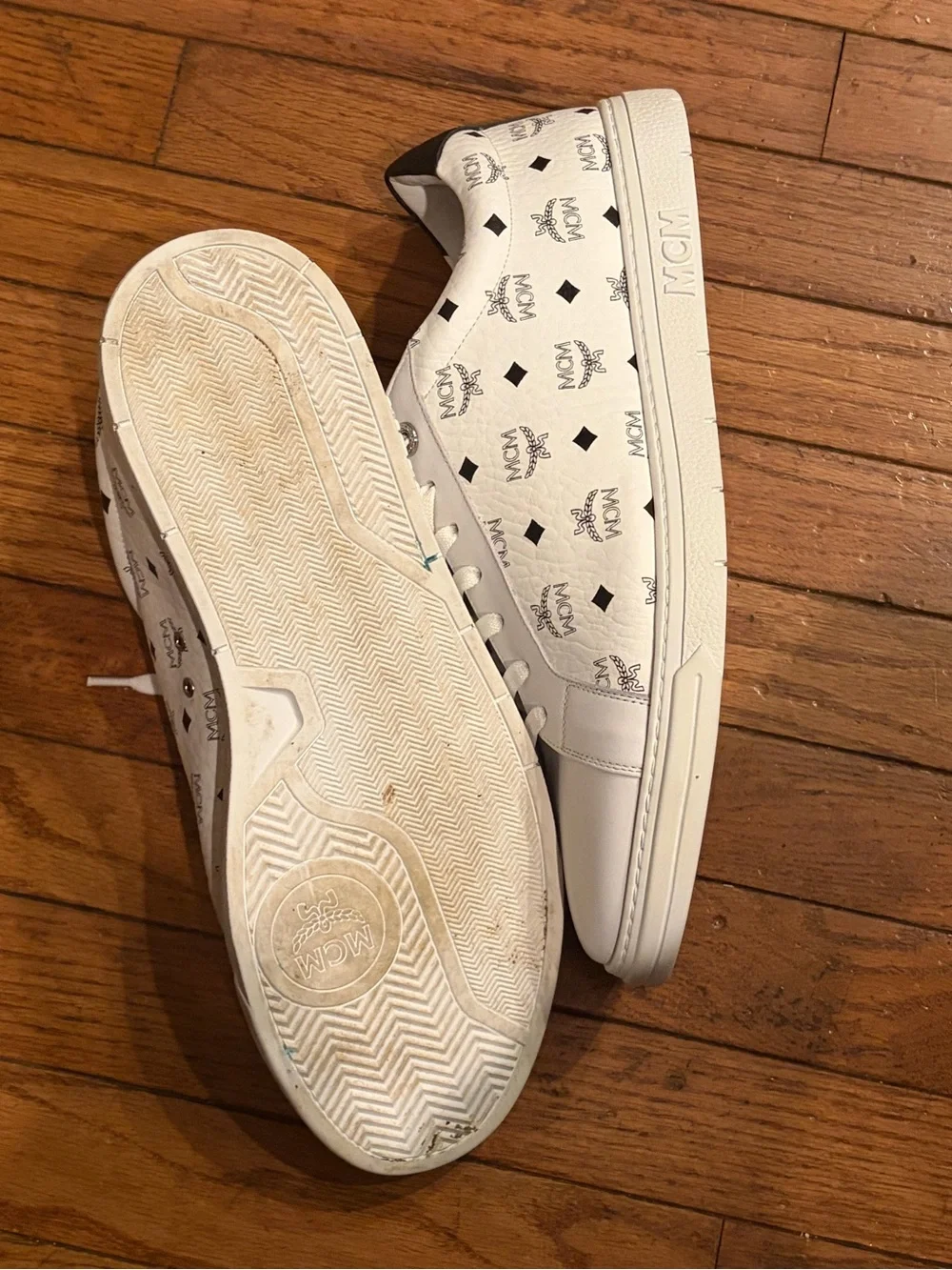 MCM White Low-Top Logo Panel Sneakers with Black Heel Tab